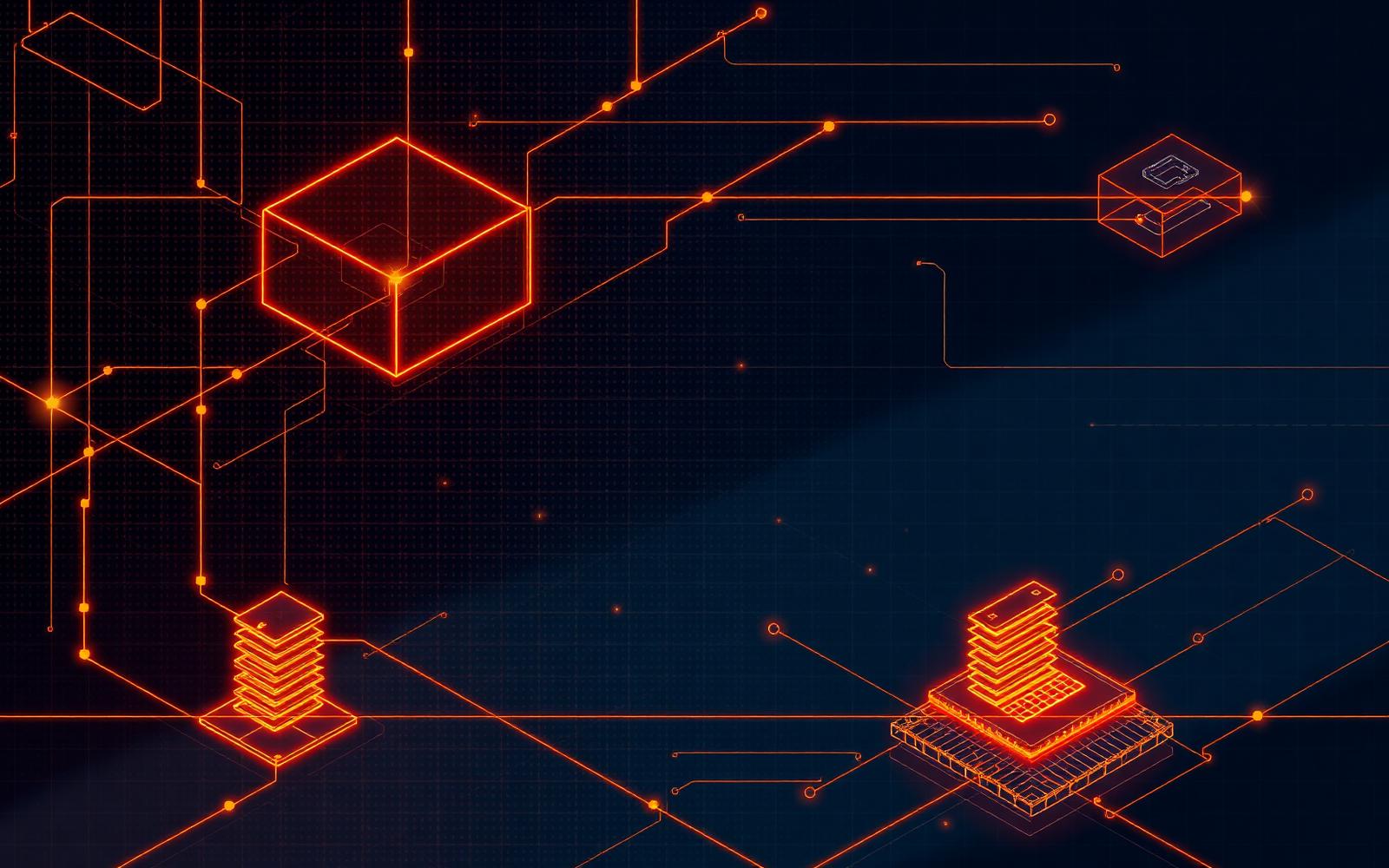 Abstrakte Darstellung einer SAP Systemlandschaft mit vernetzten Datenblöcken
